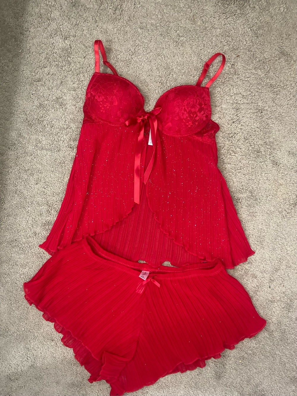 Red Lace & Pleated Satin Babydoll Set with Shorts - Women Intimates
